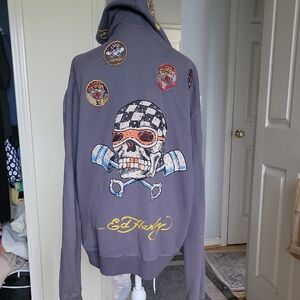 Ed Hardy By Christian Audigier Charcoal Skull Graphic Hoodie VINTAGE Xl